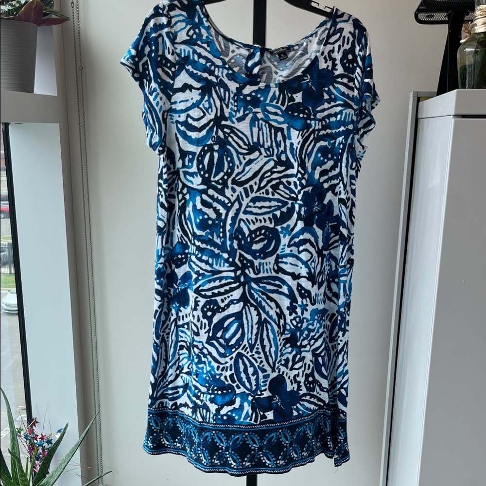 Lucky Brand Blue & White Floral  Abstract Midi Dress /Tunic .Size Xl